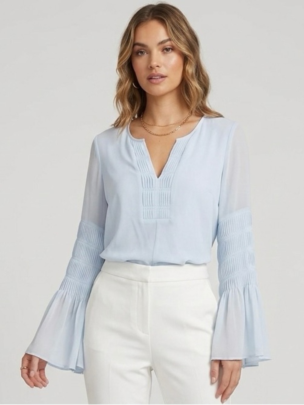 H Halston Ice Blue Pleated V-Neck Flare Sleeve Blouse M